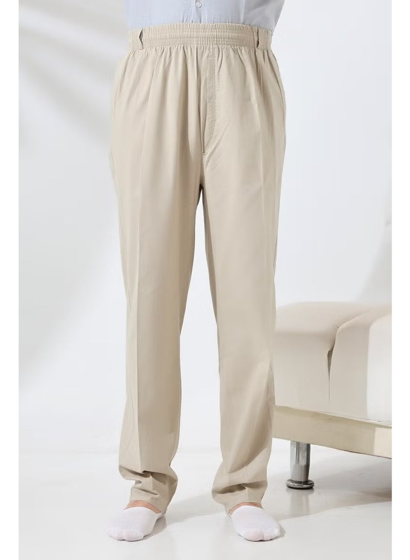 Ihvan Online Men's Cream Comfortable Cut Elastic Waist Linen Hajj and Umrah Shalwar Trousers - Image 2